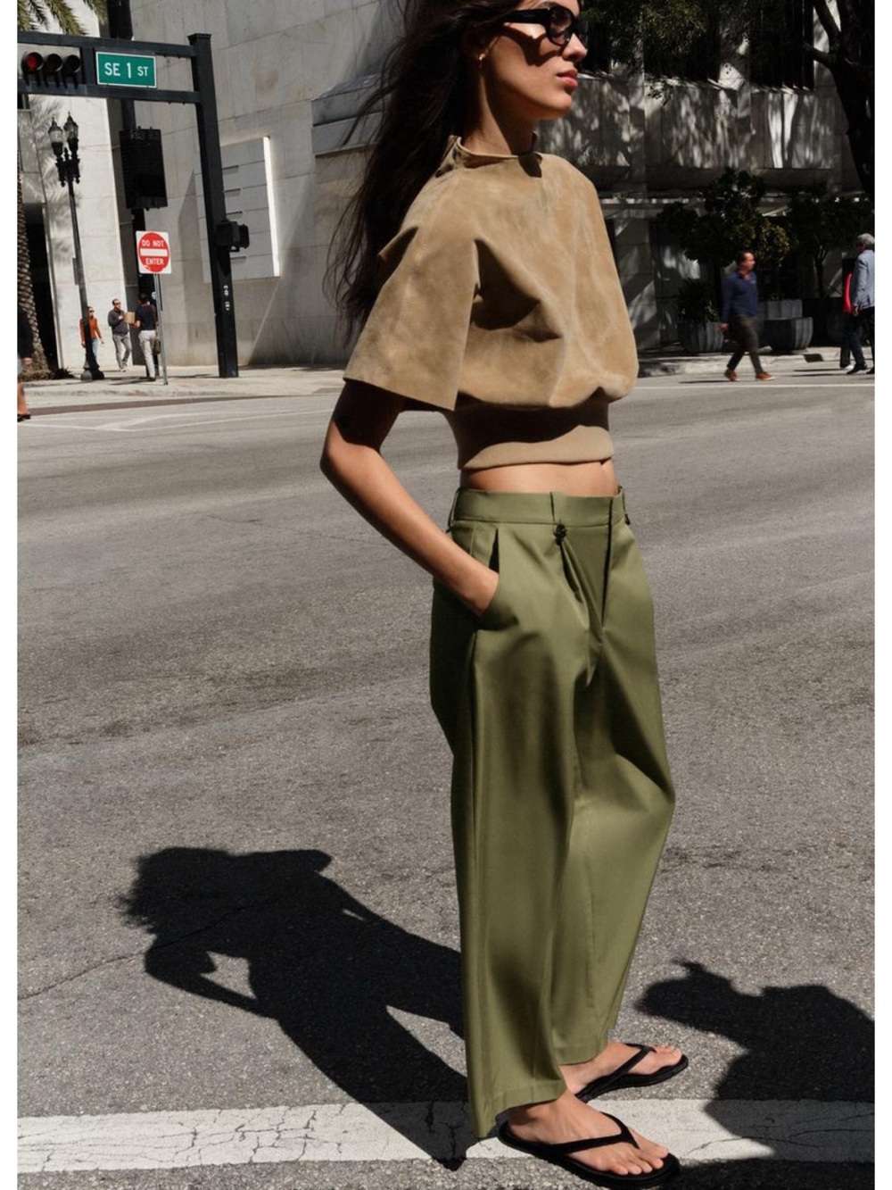 Zara Olive Green Wide-Leg Satin Trousers